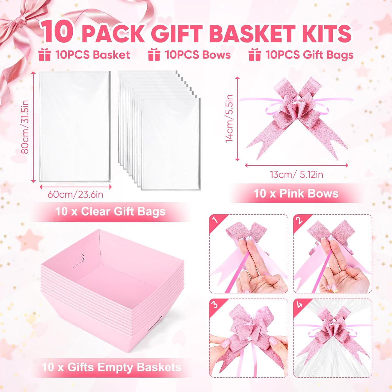 AFOROEOA 10PACK Pink Baskets For Gifts Empty, 10x12” Thick Gift Basket with 10 Bows 10 Bags Empty Gift Baskets for Christmas, Valentine’s Day, Easter, Birthdays, Valentine’s Day Wrapping Gift