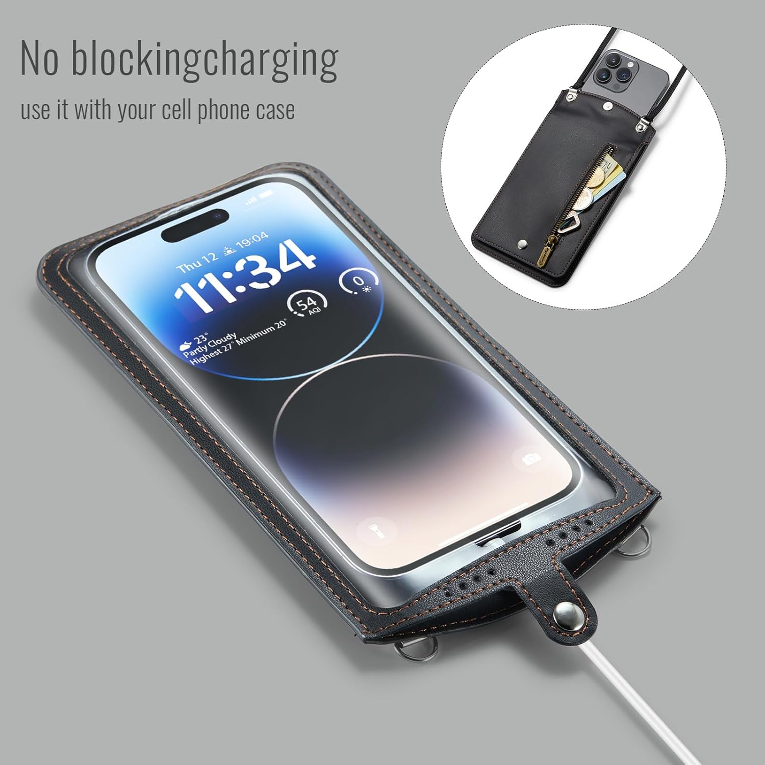 Cell Phone Purse Small Crossbody Bag for Women Men Leather Mini Shoulder Bag Wallet Case with Card Slots Neck Strap with Touch Screen Zipper Pocket for All Smartphones iPhone Samsung up to 7.5" Black - Image 6