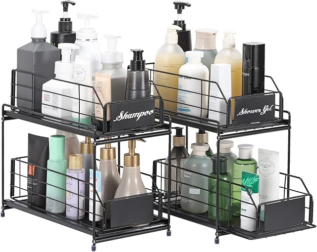Nandae Set of 2 Cupboard Organizer with 2 Tier Sliding Storage Drawer , Stackable Cabinet Organizer for Under The Sink, Space Saving Solution in Kitchens,Bathrooms,Living Rooms,Bedrooms-2 Pack Black