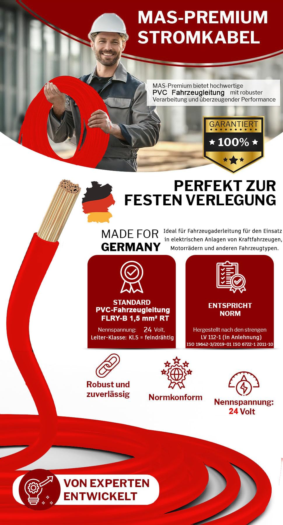 MAS Premium FLRY-B 1,5 oder 2,5 mm² Fahrzeugaderleitung 5-100m KFZ Kabel Einsatz in elektrischen Anlagen von Fahrzeugen 2st. Set (Rot + Schwarz) (FLRY-B 1,5 mm², 30m)