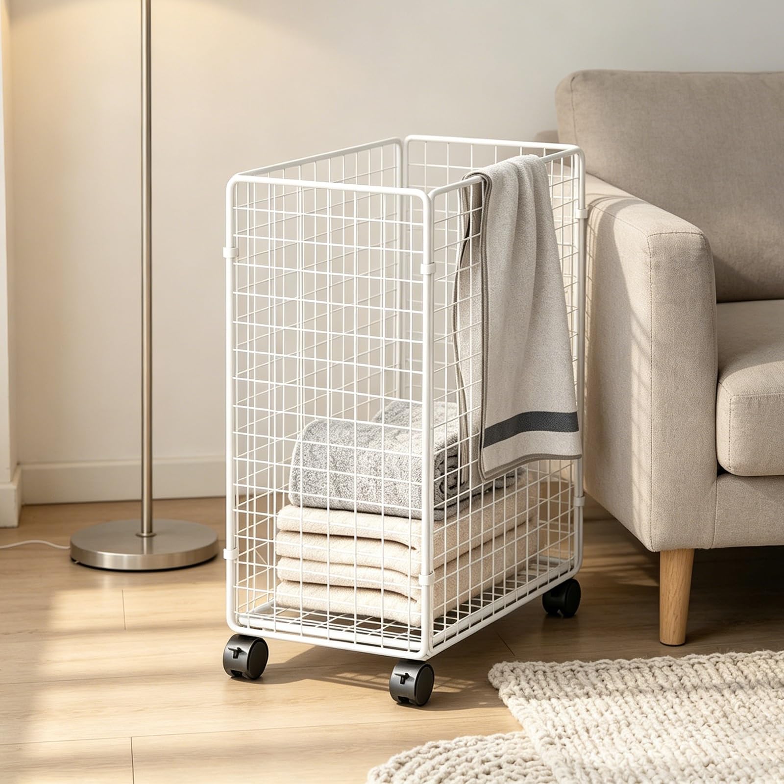 Folding Laundry Basket Household Storage Metal with Wheels,Rolling Hamper Cart,Mesh Framework,Dirty Clothes Organizer