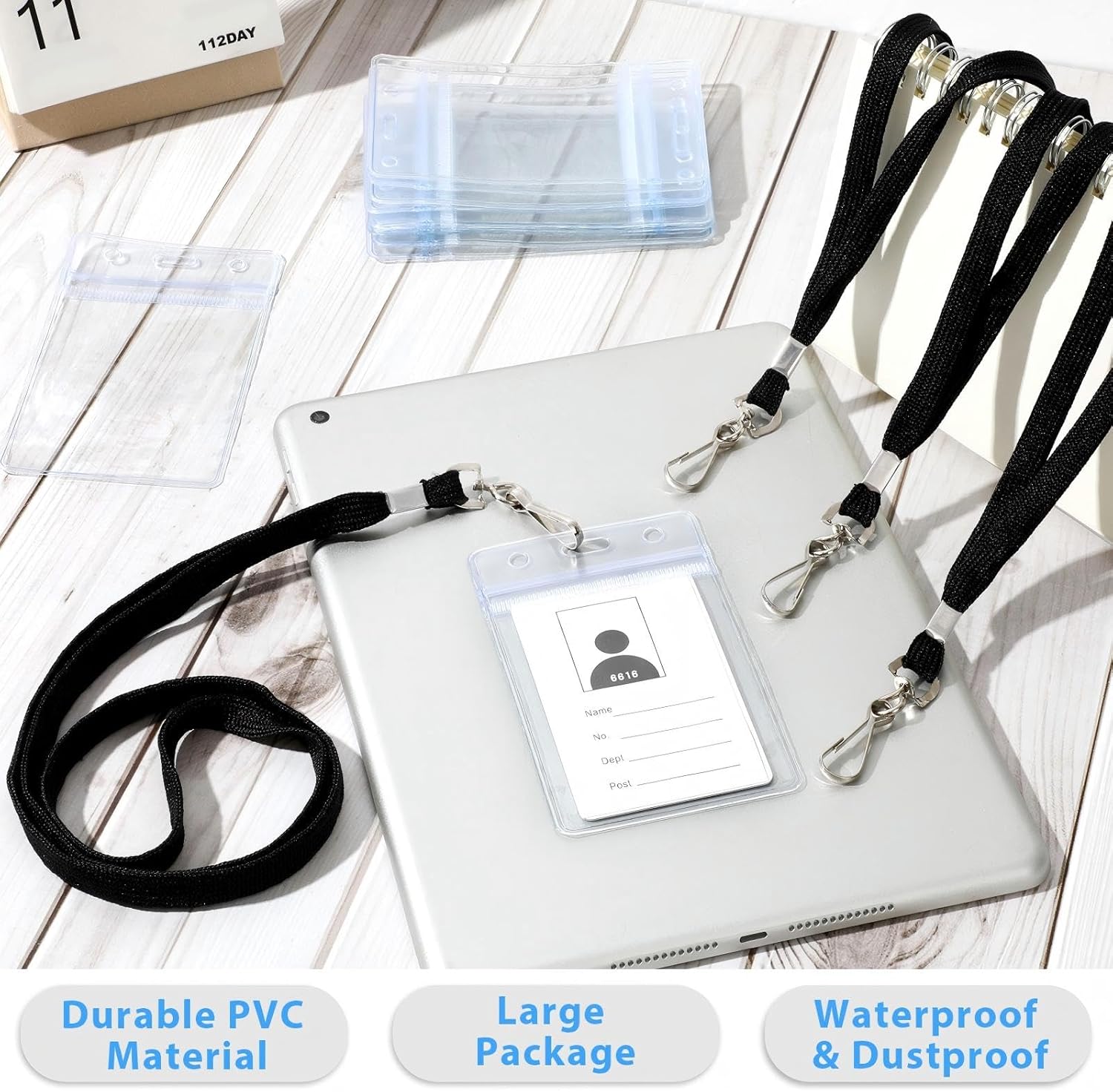 Marspark 100 Sets Clear Lanyard with ID Holder Bulk Flat Lanyard with Retractable Badge Plastic Waterproof Name Badge Holder with J Hook Clip for Business(Vertical Style)