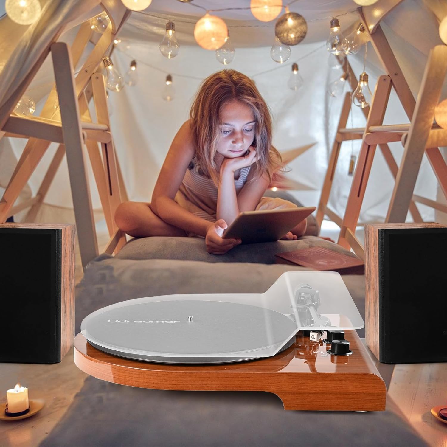 Turntable with Bluetooth connectivity icons and a phone showing music streaming