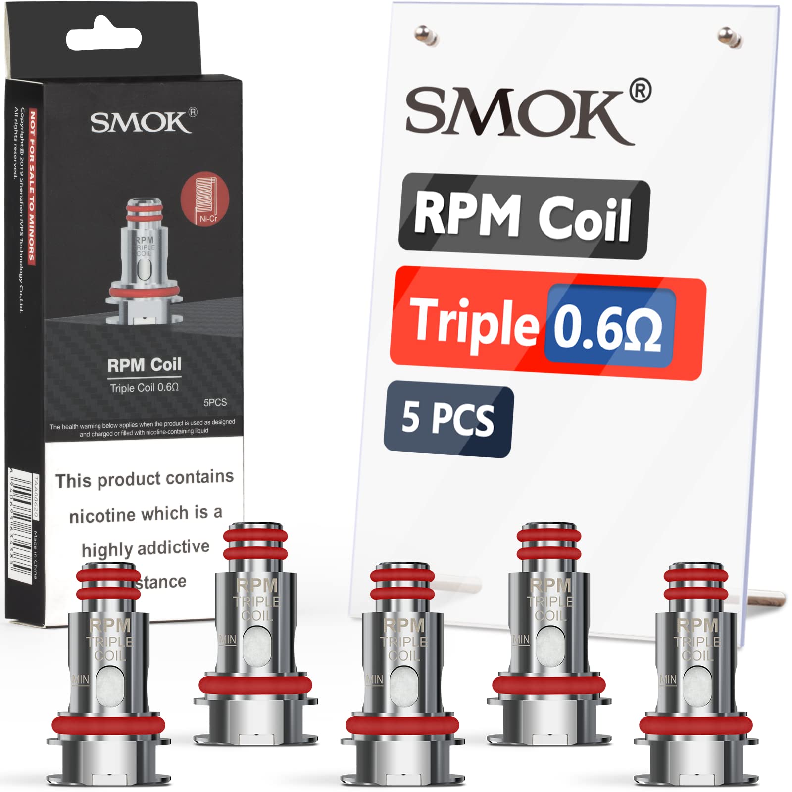 SMOK RPM Triple Coil 0.6 ohm, RPM Pod Coilhead, 5pcs No Nicotine, 2ml Capacity, AMZ UK Edition with Exclusive Barcode
