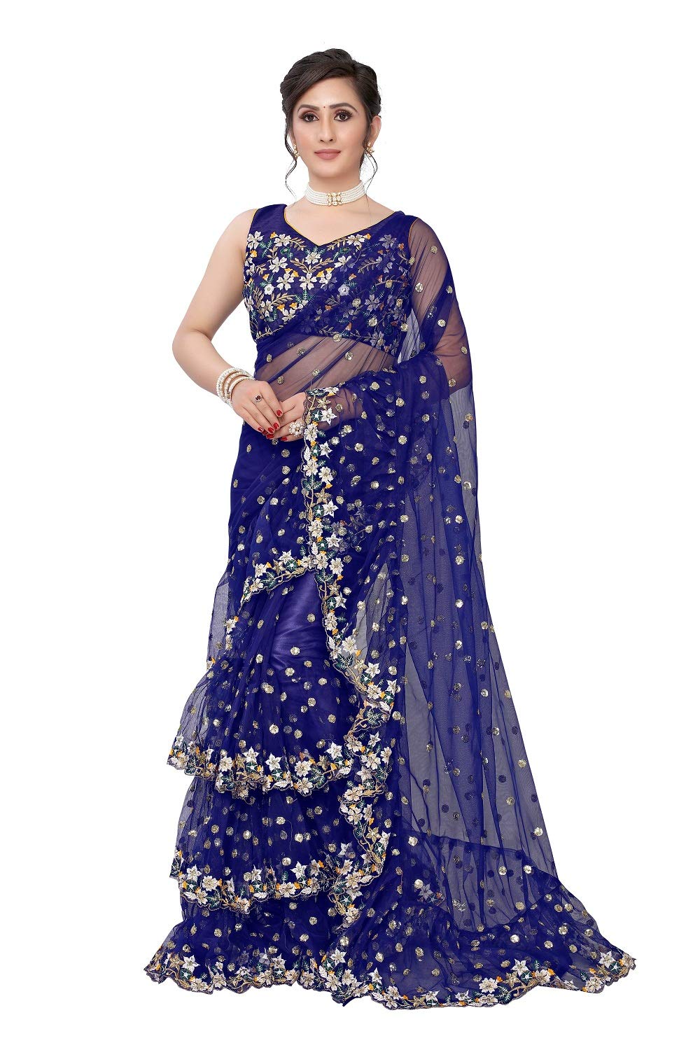 JATRIQQ Women?s soft Net ruffel Saree With Blouse Piece