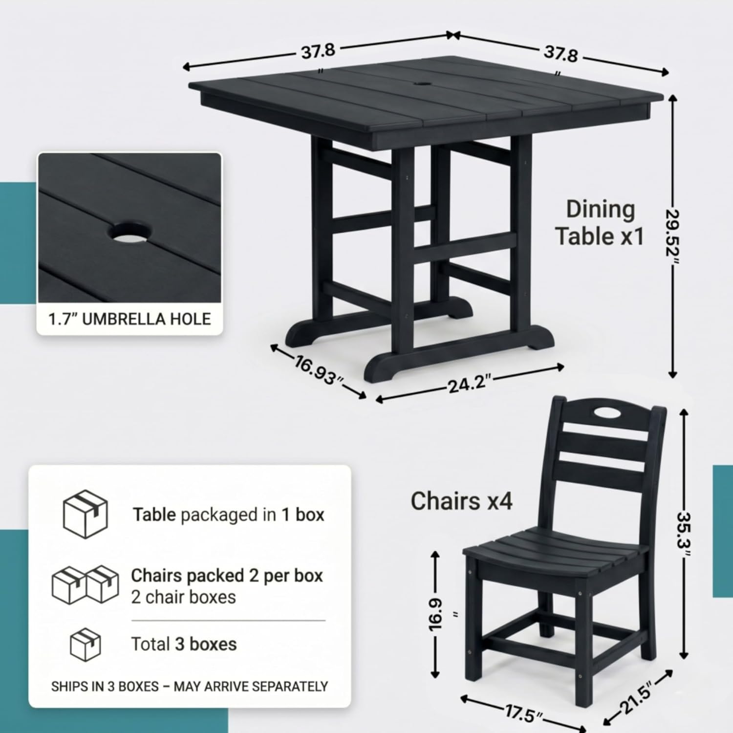 Outdoor Patio Dining Set of 5 Pieces with Square Table and Four Chairs for Backyard, Porch, Deck, Balcony, Garden, Heavy-Duty HDPE Construction, Smooth Low-Maintenance Surface