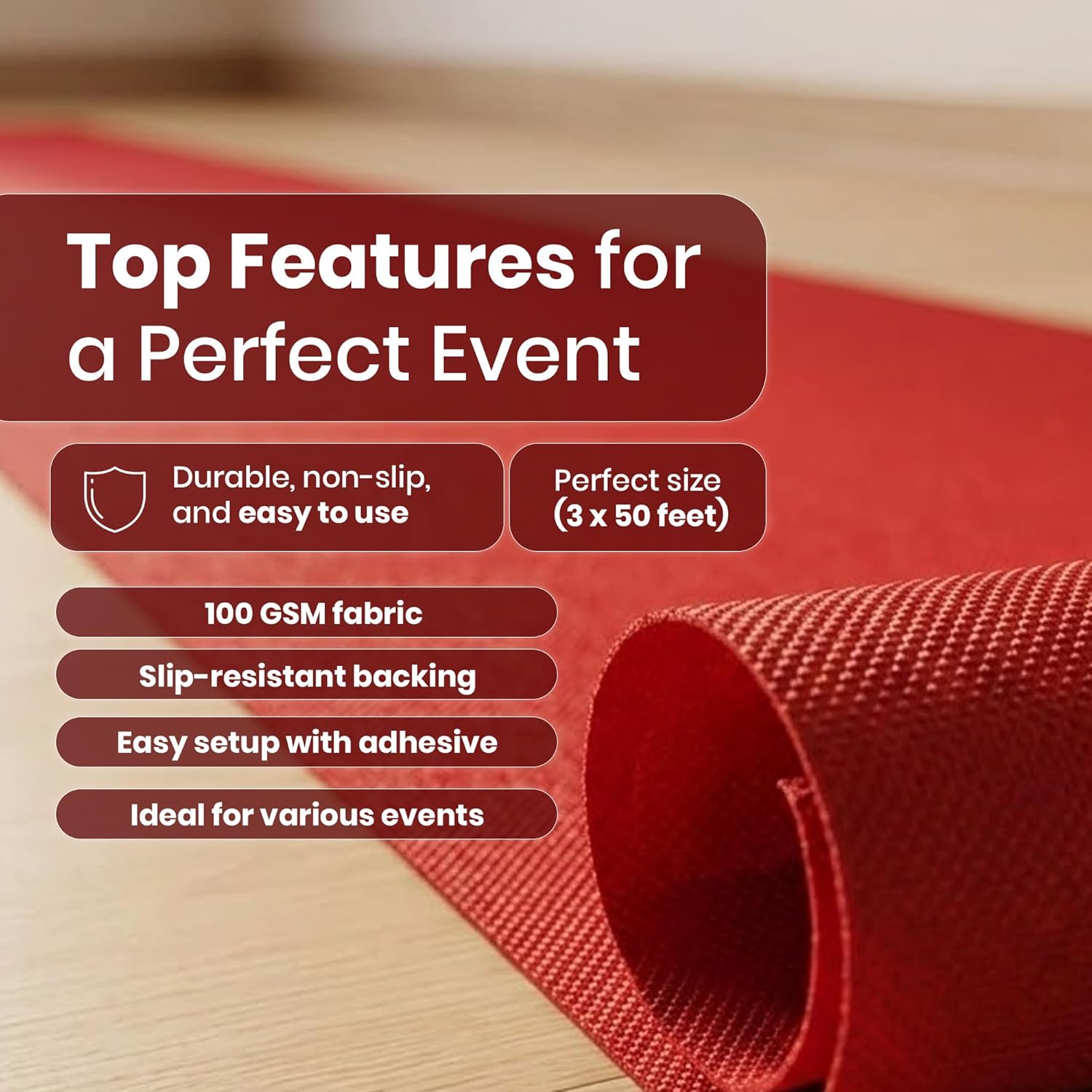 LEMONSODA Red Carpet Runner | 3x50 Feet Indoor Party Floor Runnner | Hollywood Style Non Slip Carpet with Thick 100 GSM Polypropylene Fabric | Flat Woven Durable for Weddings and Events
