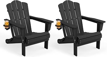 KINGYES Folding Adirondack Chair Set of 2, HDPE All-Weather Patio Chairs, Wooden Textured Lawn Chair for Poolside, Backyard, Deck, Fire Pit, Black