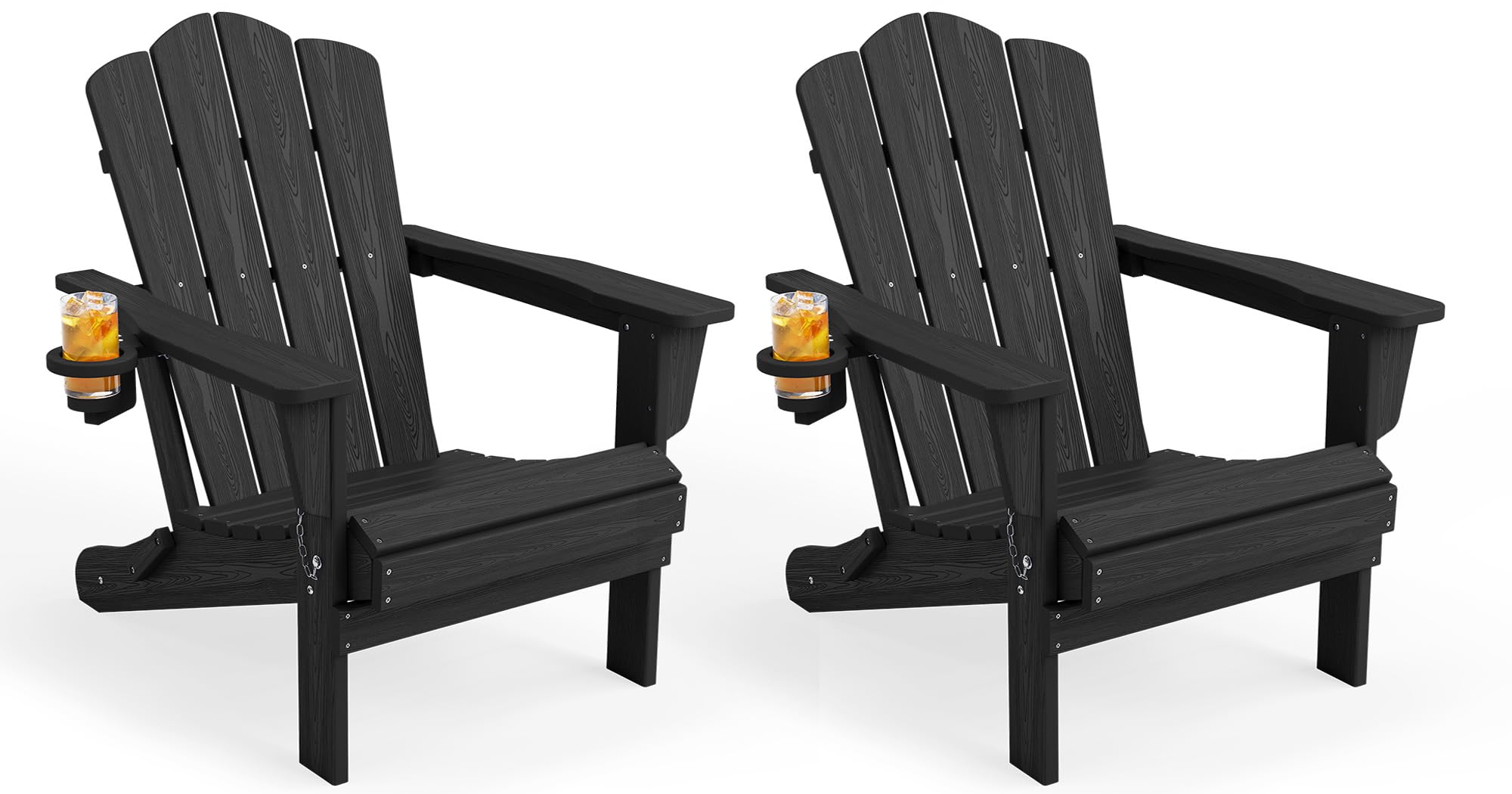 KINGYES Folding Adirondack Chair, All-Weather HDPE Material, Black, 2 Pack | Wooden Textured Lawn Chair Patio Chairs for Poolside, Backyard, Deck, Fire Pit