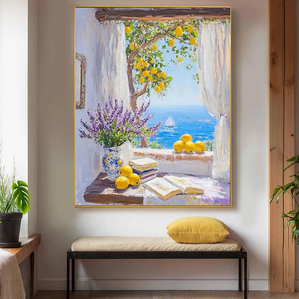 LTjiajuypd Mediterranean Window Canvas Prints Painting Lemon And Ocean View, Cottagecore Wall Art Posters Modern Home Decor(70x100cm)