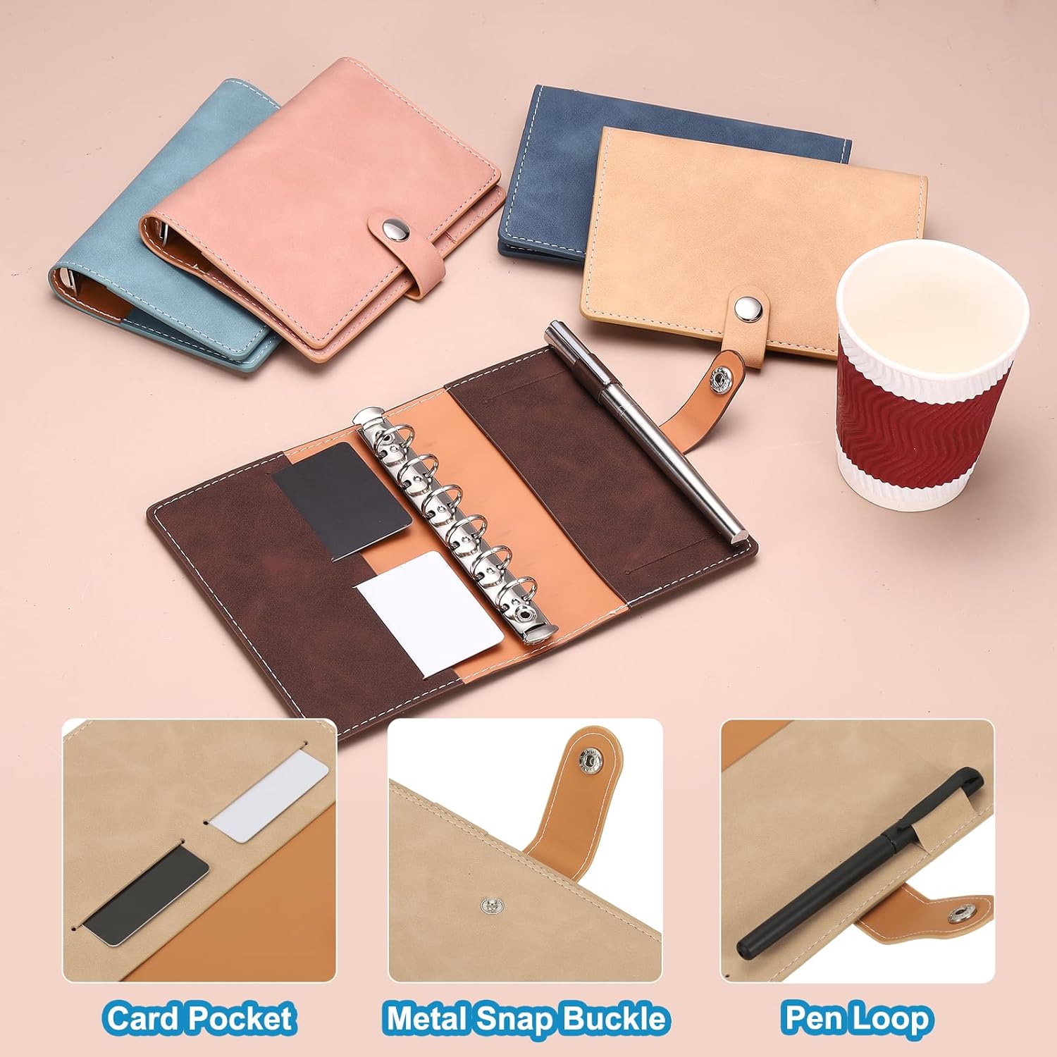 PATIKIL A7 PU Leather Binder Cover, 6 Ring Loose Leaf Binder Protector Round Ring Binder Cover Refillable Notebook Binder for Meeting Photocard Budget Notebook Folder, Khaki - Image 3