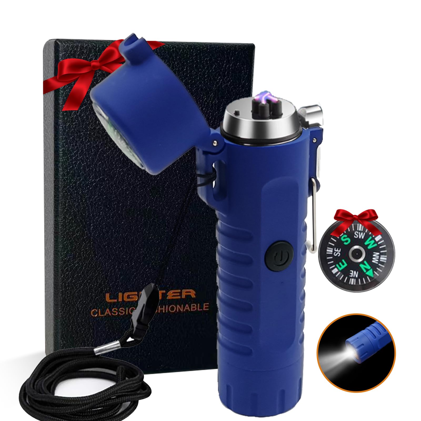 RSBYE Plasma Windproof Arc Lighter - Electric, USB Rechargeable, Dual Arc, Waterproof, Flameless with Lanyard for Camping, Hiking, Hunting, Outdoor Survival (3-IN-1/Blue)