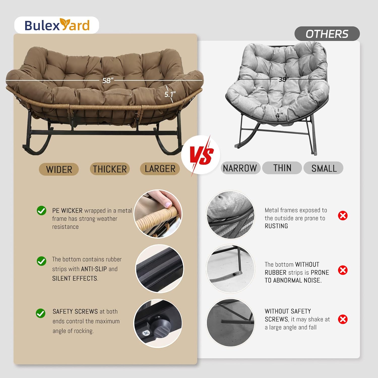 BULEXYARD Double Papasan Rocking Chair Outdoor, 2 Person Oversized Wicker Patio Egg Rocking Chair with Cushion, Heavy Duty Comfy Loveseat for Balcony, Porch, Garden (Brown, 2 Seats w/Ottoman)