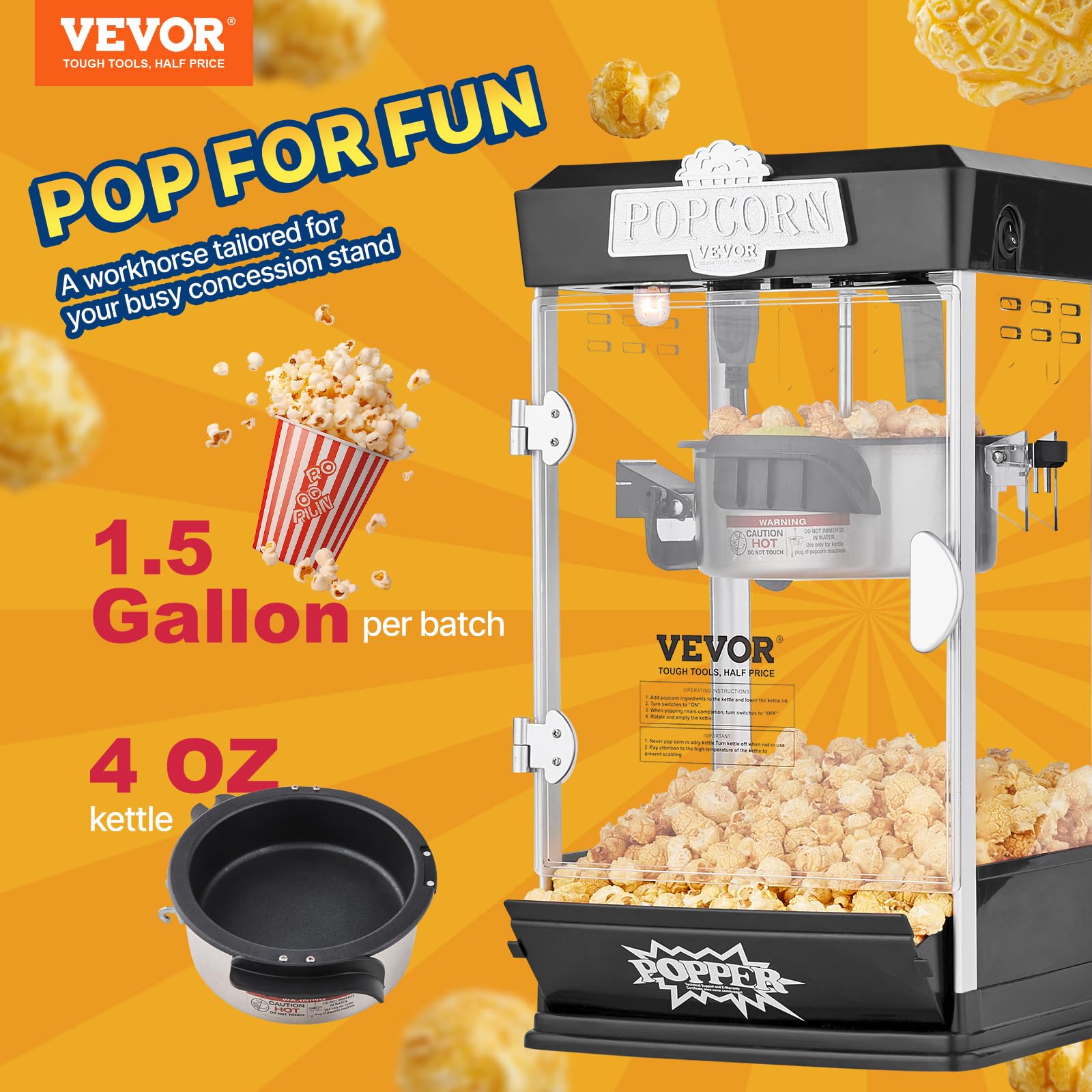 VEVOR Máquina para Hacer Palomitas de Maíz, 480 W, 4 oz, Produce 1,5 Galones por Tanda, Máquina para Hacer Palomitas de Maíz de Sobremesa, Incluye 3 Palas, Estilo Cine, Negro, 275 x 240 x 485 mm