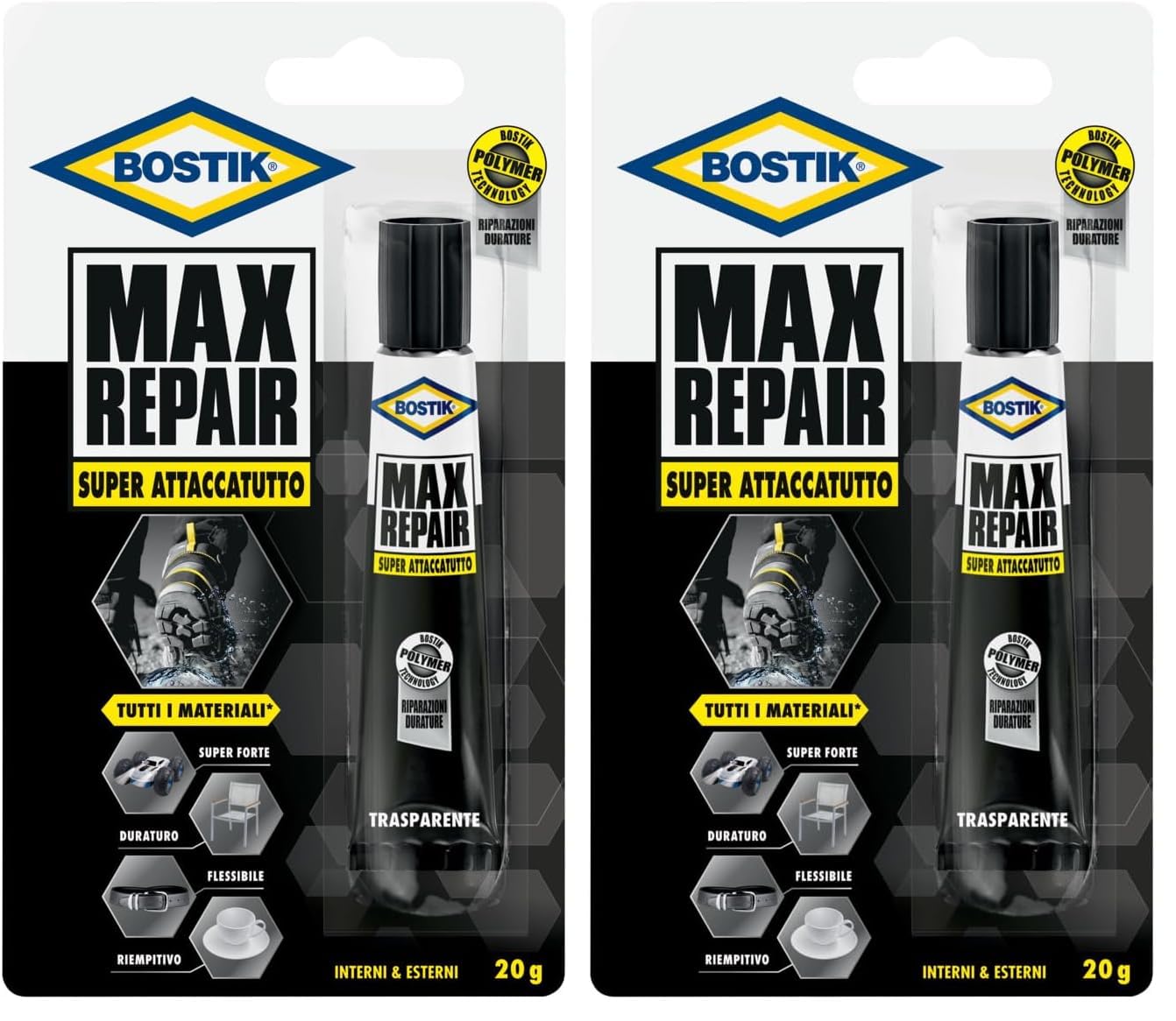 Bostik MAX REPAIR adesivo di riparazione super forte, flessibile, per incollaggi estremi g 20, Trasparente (Confezione da 2)