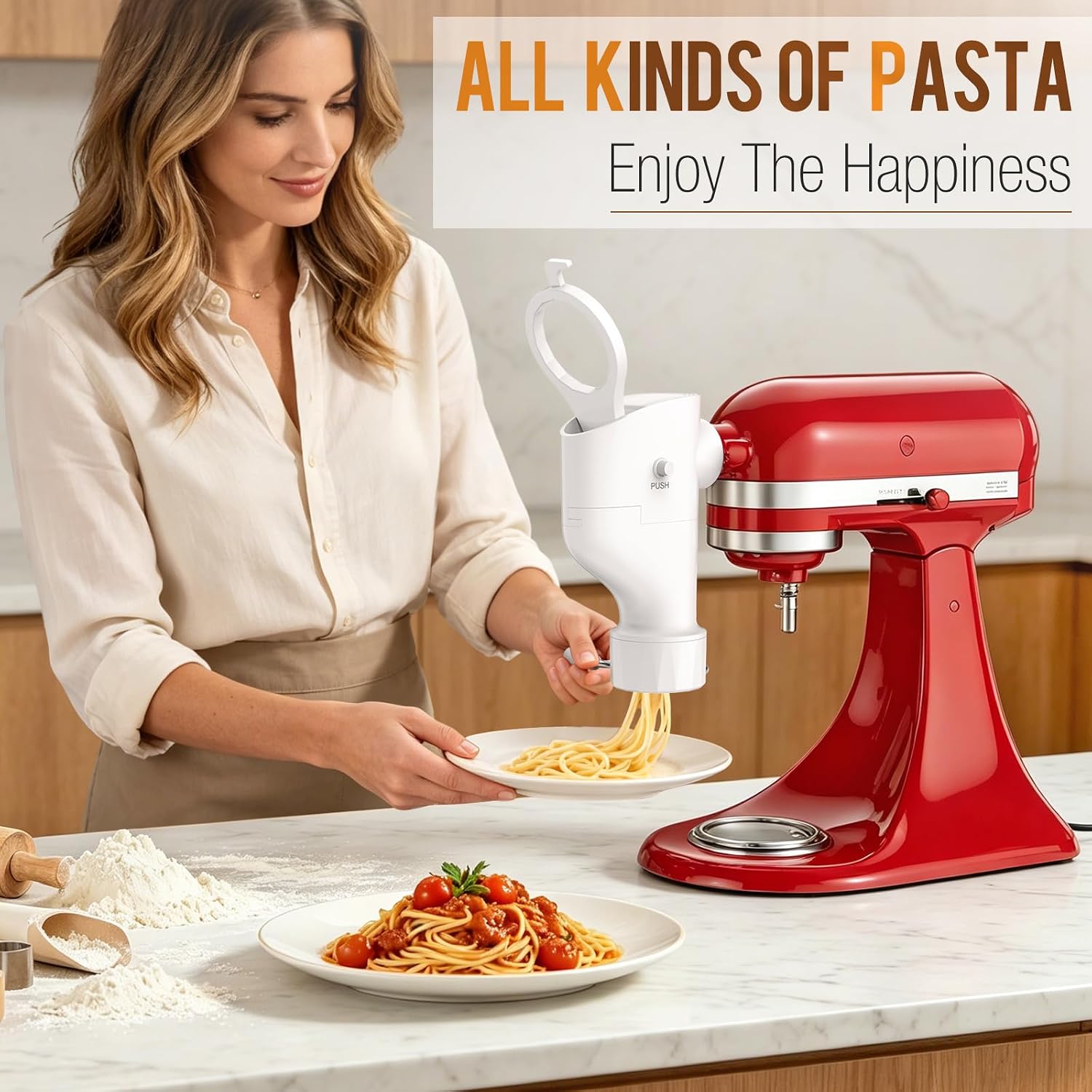 Pasta Press Attachment with 7 Interchangeable Plates to Make 7 Pasta Shapes | Pasta Press Attachment Compatible with KitchenAid Stand Mixer, With a cleaning brush, Easy to Use & Easy Clean