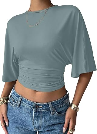 LOLONG Womens Half Sleeve Ruched Crop Shirts Summer Cinched Waist Tops
