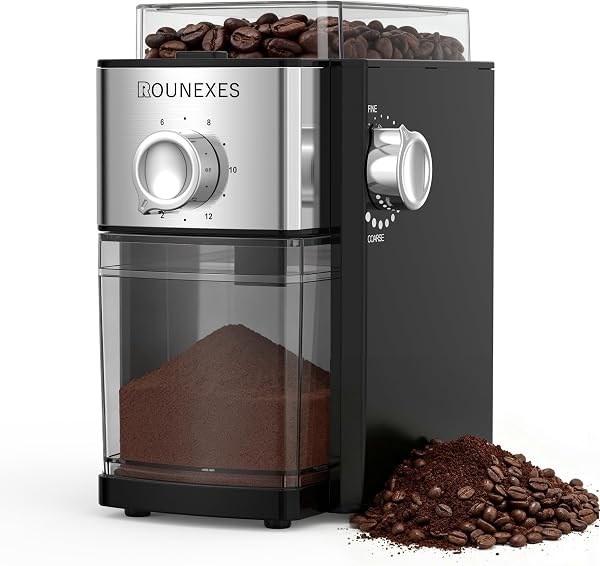 ROUNEXES Electric Flat Burr Coffee Grinder, Compact Coffee Grinder for Home Use, Burr Mill Grinder with 17 Precise Grind Settings, 7oz Large Hopper, Removable Burr & Coffee Container - 1
