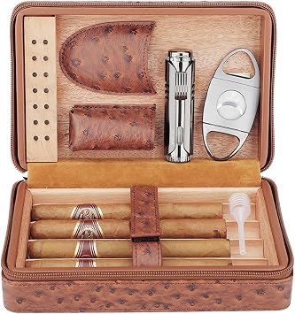 PIPITA Travel Leather Cigar Humidor Case and Cigar Lighter and Cigar Cutter Set, Cedar Wood Lined Humidifier for 4 Cigars Storage Box with Humidifier Hold Cigars Gift Set PD055