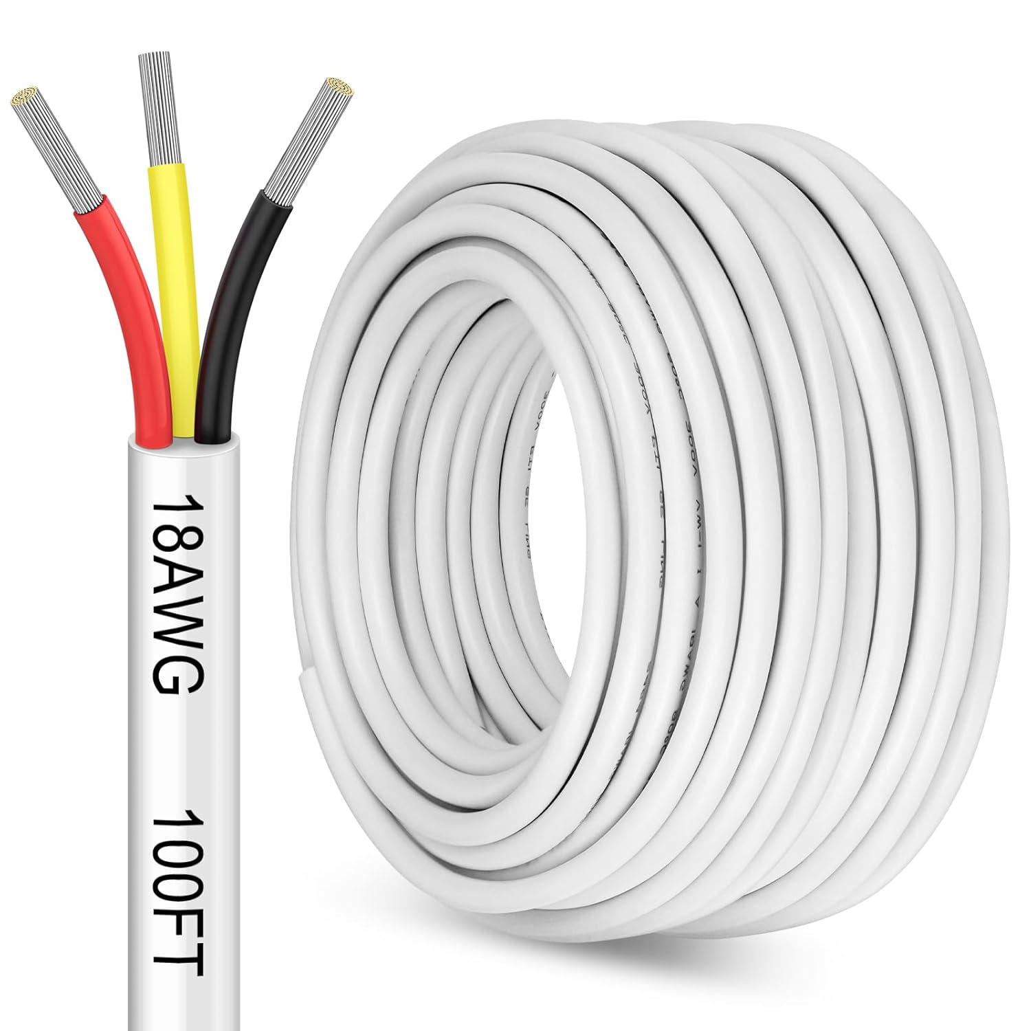 100FT 18 Gauge 3 Conductor Electrical Wire,18/3 Low Voltage Landscape Wire, 18 AWG Stranded Tinned Copper 3 Wire Cable for LED Lighting Strips Automotive Marine, White