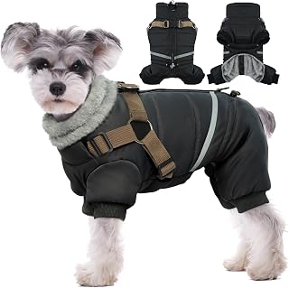 BRKURLEG Black Dog Winter Coat with Harness - Waterproof Reflective Windproof Jacket for Small Medium Dogs Hiking Walking