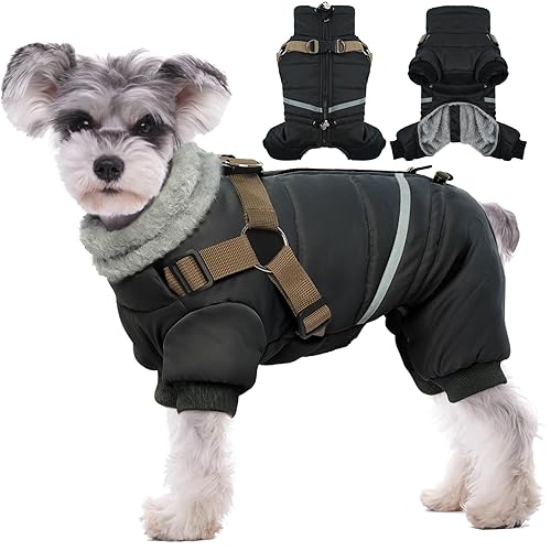 BRKURLEG Black Dog Coat with Harness, Dog Winter Jacket, Dogs Onesie Body Warm Jackets, Small Dogs Winter Coats Reflective Windproof Warm Cold Weather Coats, Pet Waterproof Jacket Hiking M - Medium - Black