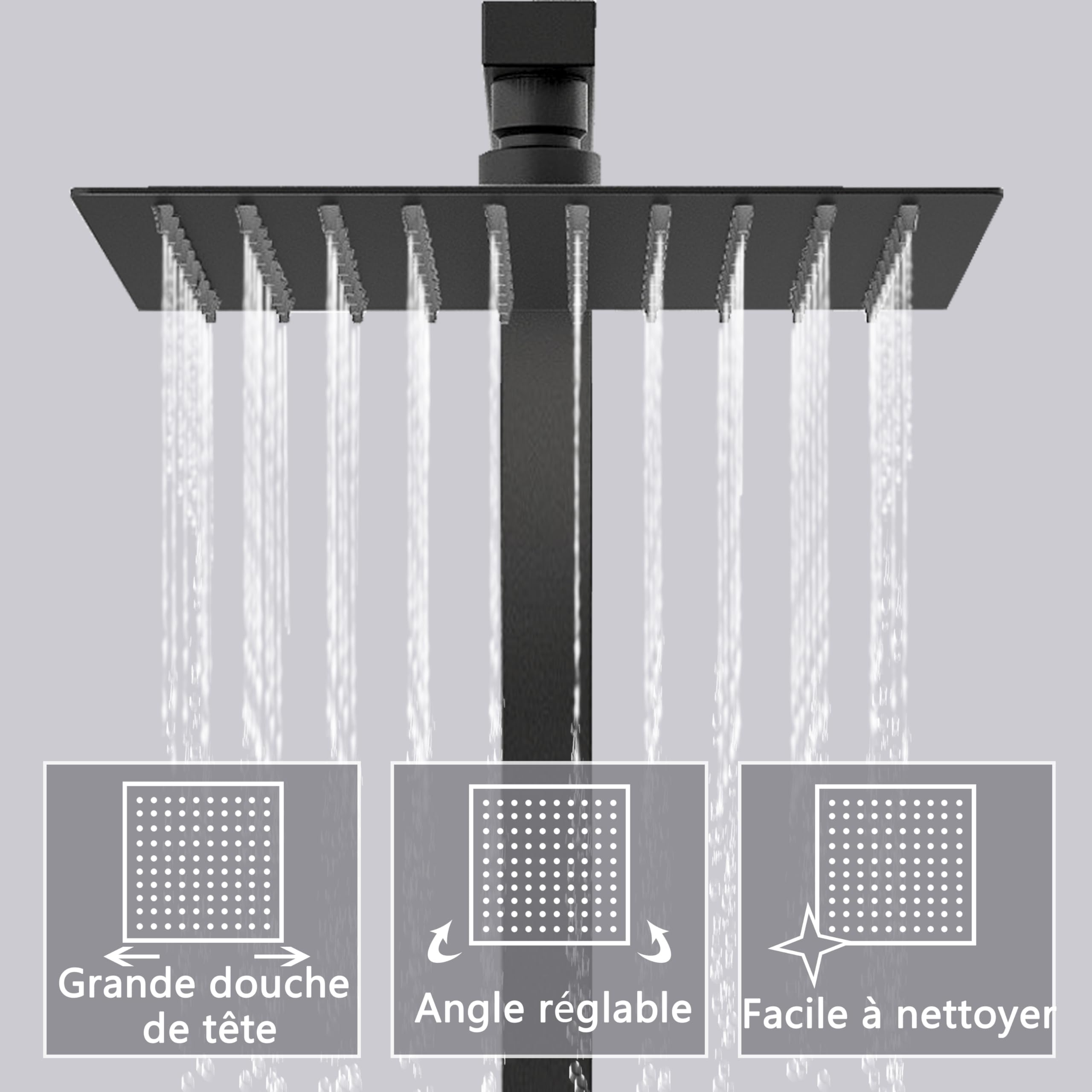 Colonne de Douche Thermostatique,Système de douche thermostatique 38°C,Colonne de Douche Acier Inoxydable avec Mitigeur Salle de Bain,20x20CM Pommeau de Douche,Carré,Mitigeur Douche Noir