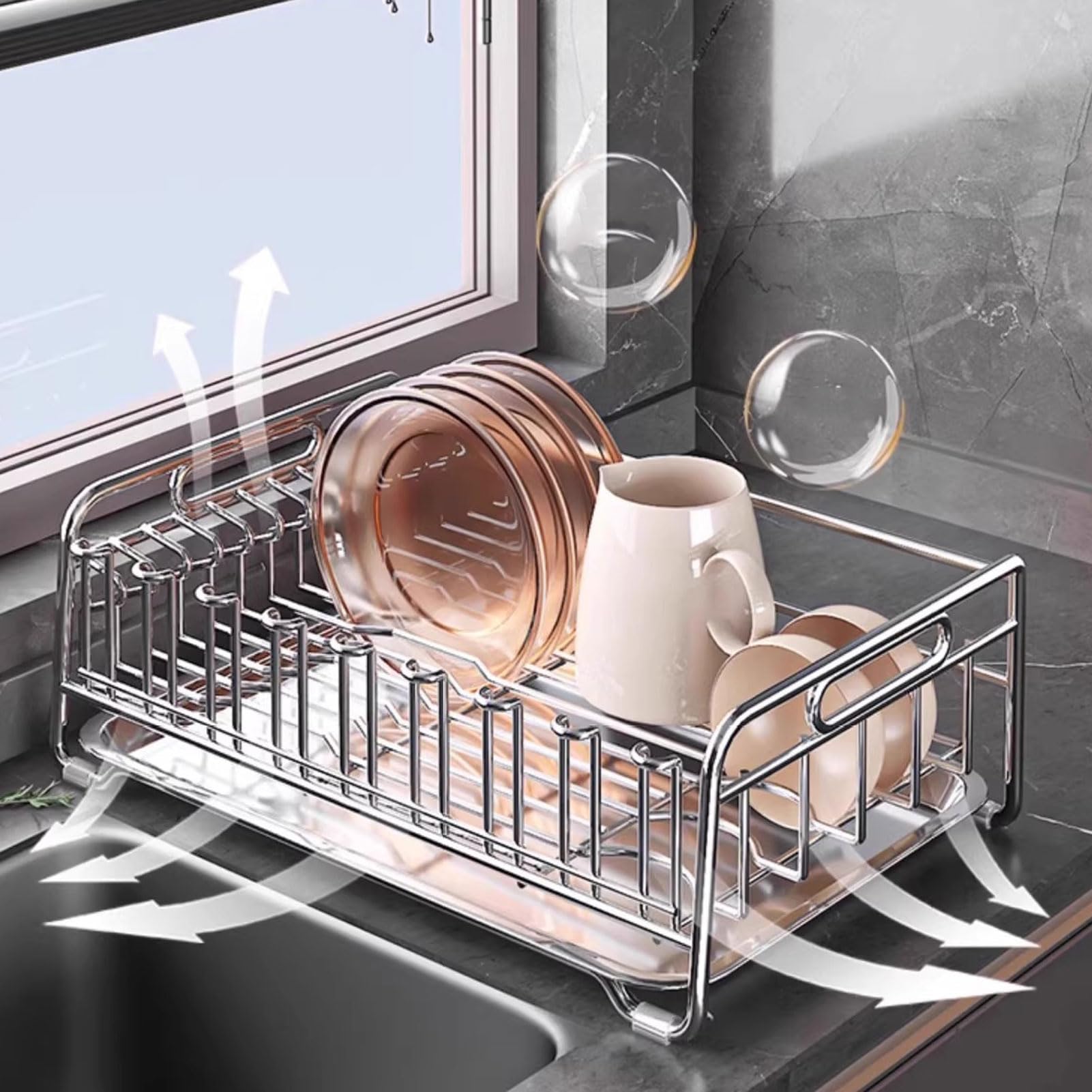 Scolapiatti in Acciaio Inox con Vassoio Rimovibile, Ideale per Piatti e Ciotole, da appoggio sul Piano di Lavoro della Cucina (36x20,5 cm)