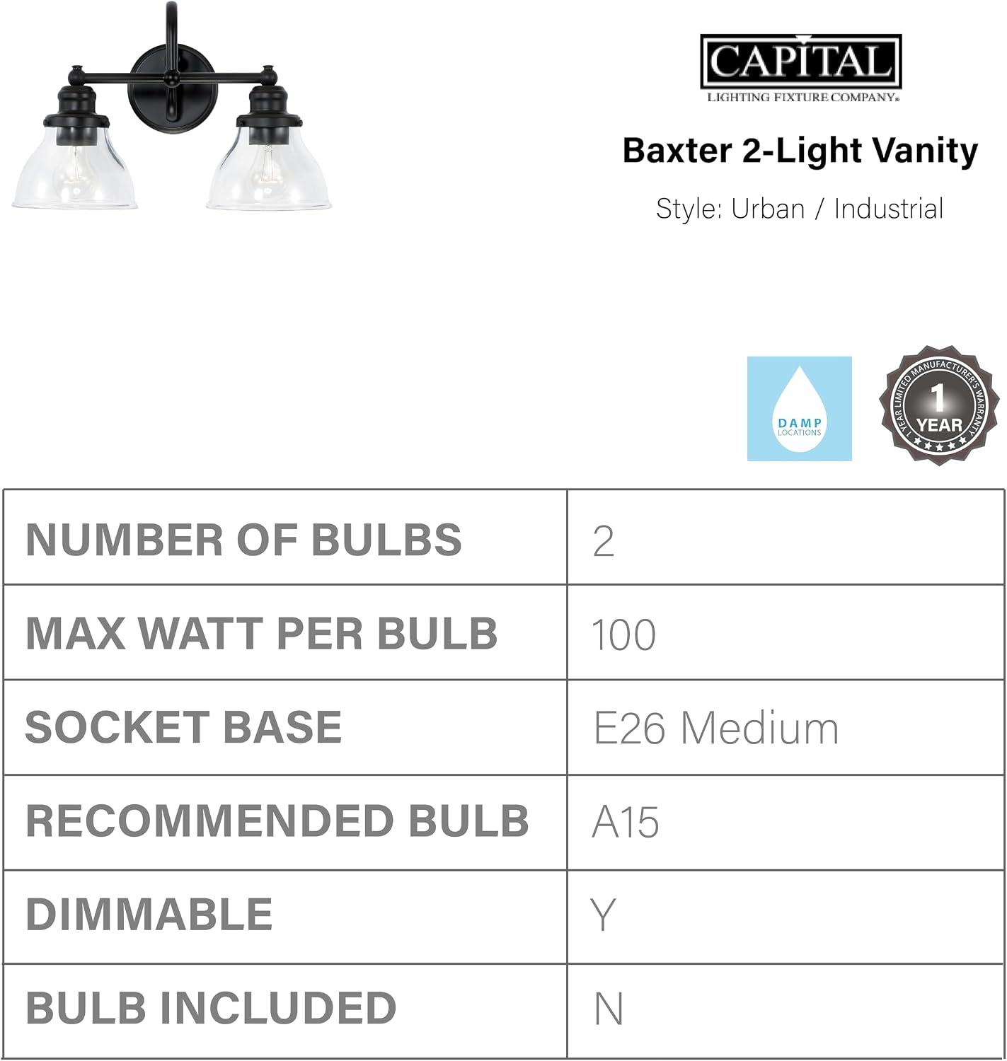Capital Lighting 8302MB-461 Baxter Clear Glass Bath Vanity Wall Mount, 2-Light 200 Total Watts, 11" H x 16" W, Matte Black