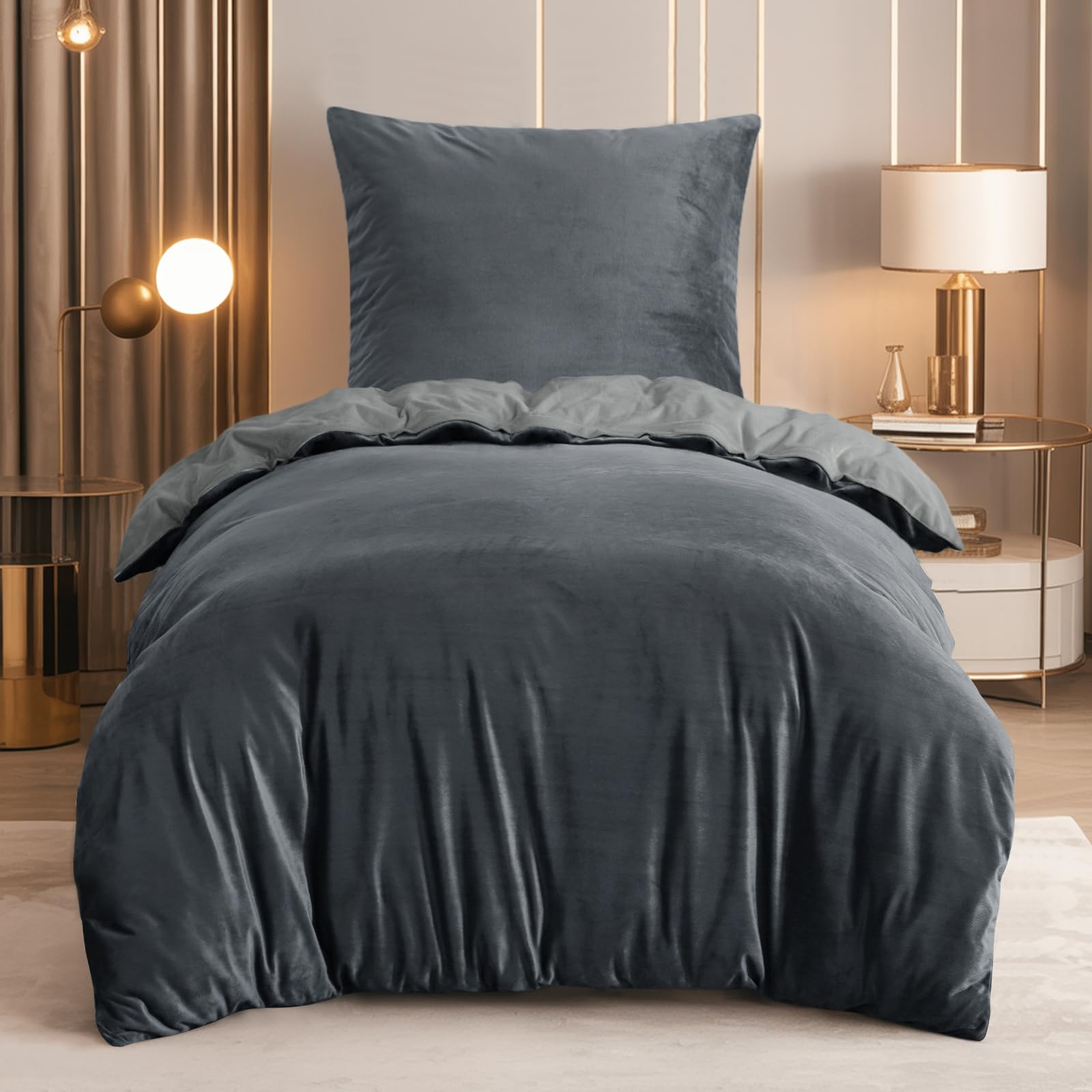 RUIKASI Flanell Winter Bettwäsche 135x200 Grau Warm WinterBettwäsche | 2tlg Kuschel Plüsch Fleece 1 Bettbezug 1 Kissenbezüge 80x80 mit Reißverschluss, Wendebettwäsche Bedding,OEKO-TEX