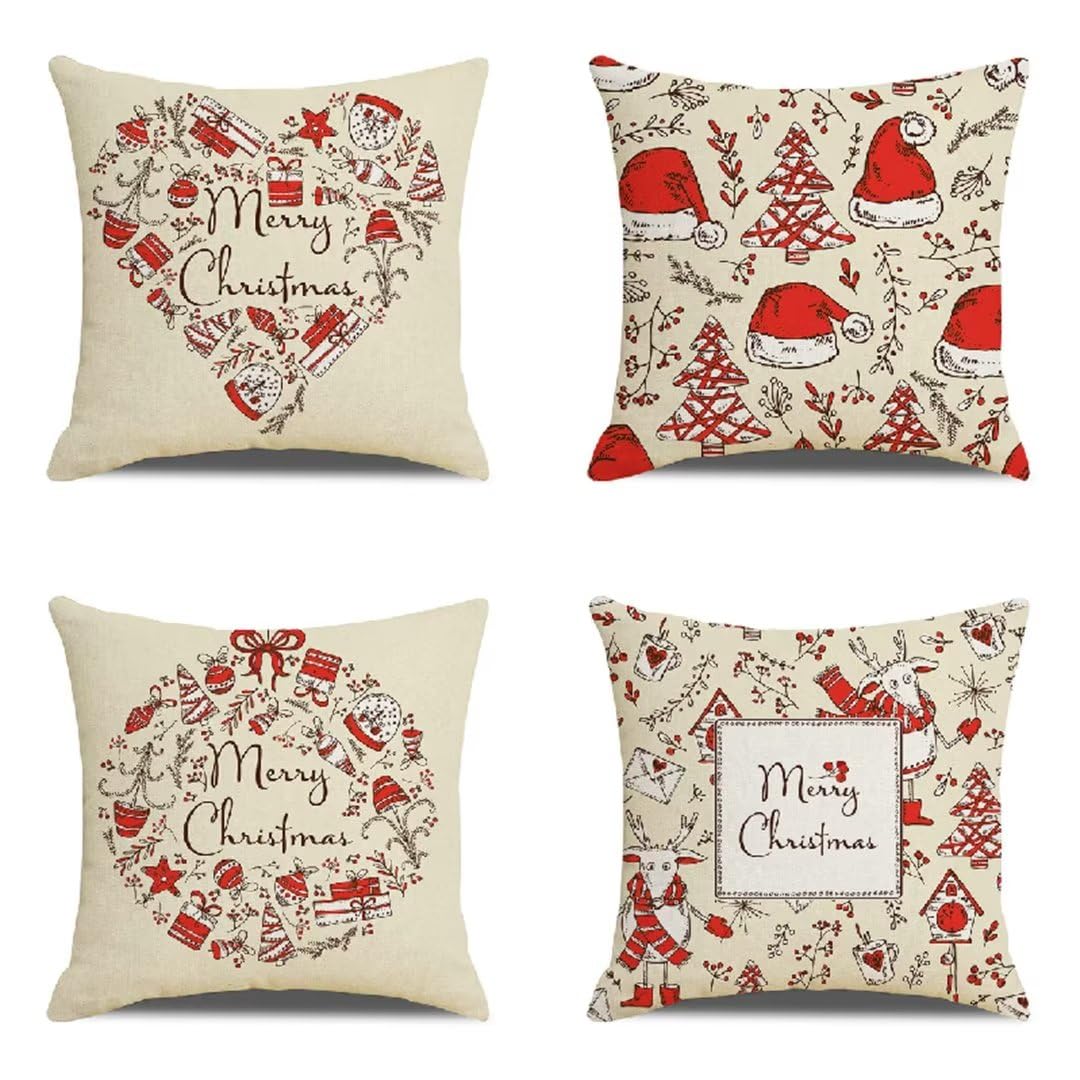 Funda de Almohada 50x50 cm Feliz Navidad Fundas Cojines Sofa Juego de 4 Funda Cojin Super Suave Almohadones Cojín, Patchwork Funda Cojines con Cremallera Oculta para Sala de Estar Sofá Dormitorio R485