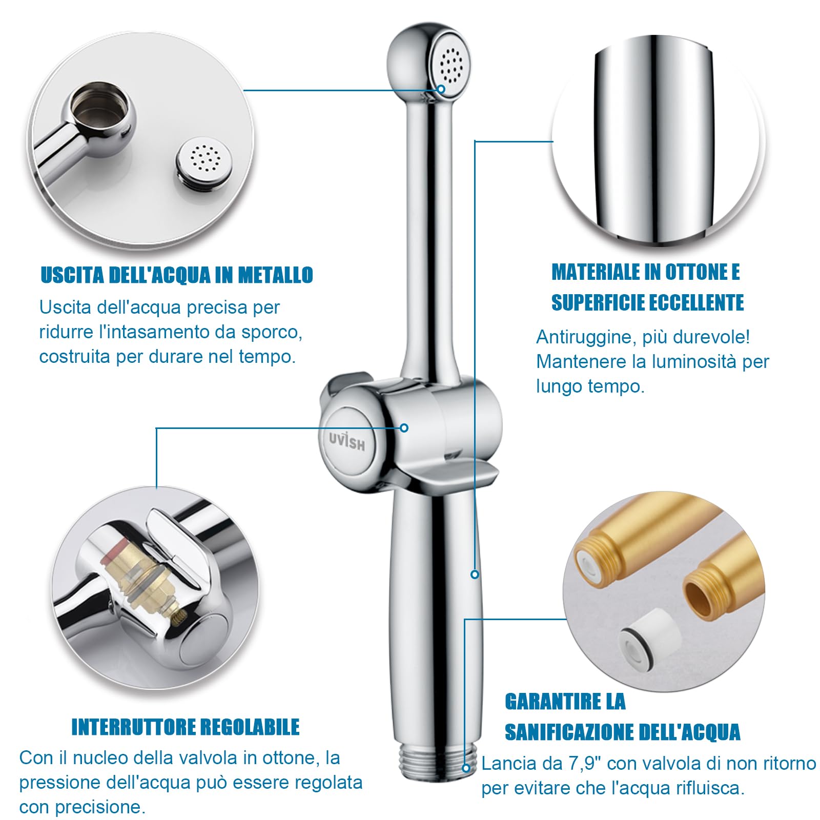 Spruzzatore portatile per bidet WC in ottone, attacco per bidet da 20,1 cm con tubo flessibile per igiene personale doccia musulmana Shattaf con pressione regolabile G1/2" e valvola a T G3/8",