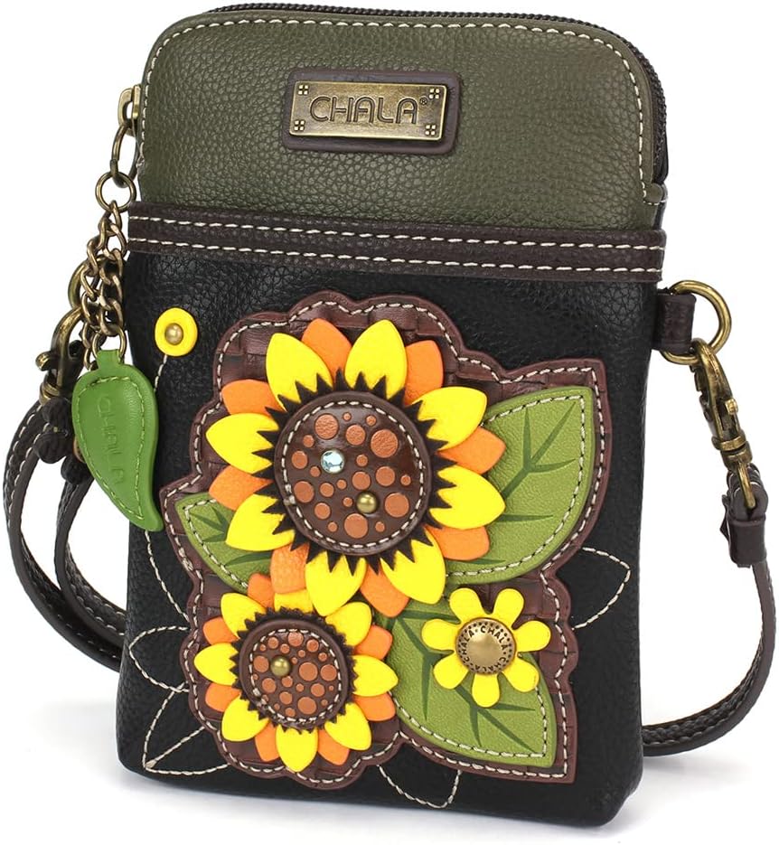 CHALA Plant Life Collection Cell Phone Crossbody Purse-Women PU Leather/Canvas Multicolor Handbag with Adjustable Strap - Sunflower Group - black - Image 4