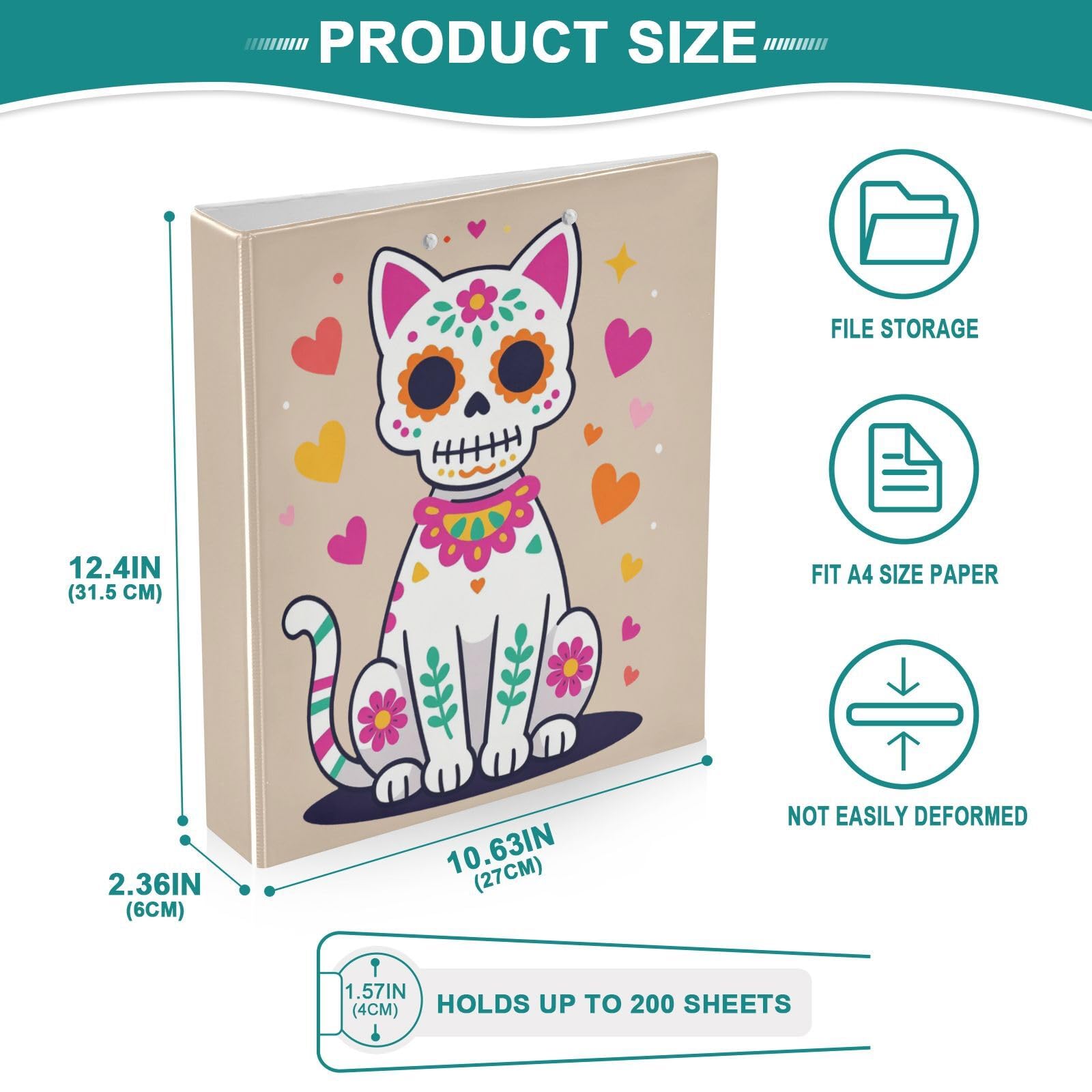 Raccoglitore con portablocco integrato Sugar Skull Cat Cute Dia De