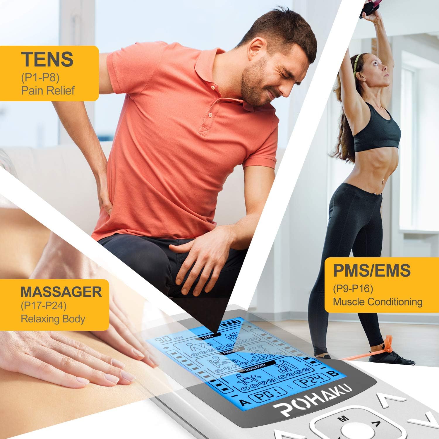 POHAKU Dual Channel TENS Unit with 24 Modes, TENS Unit Muscle Stimulator for Pain Relief Therapy, Rechargeable TENS Machine EMS Unit Muscle Stimulator Electric Pulse Massager 12 Pads, Storage Bag