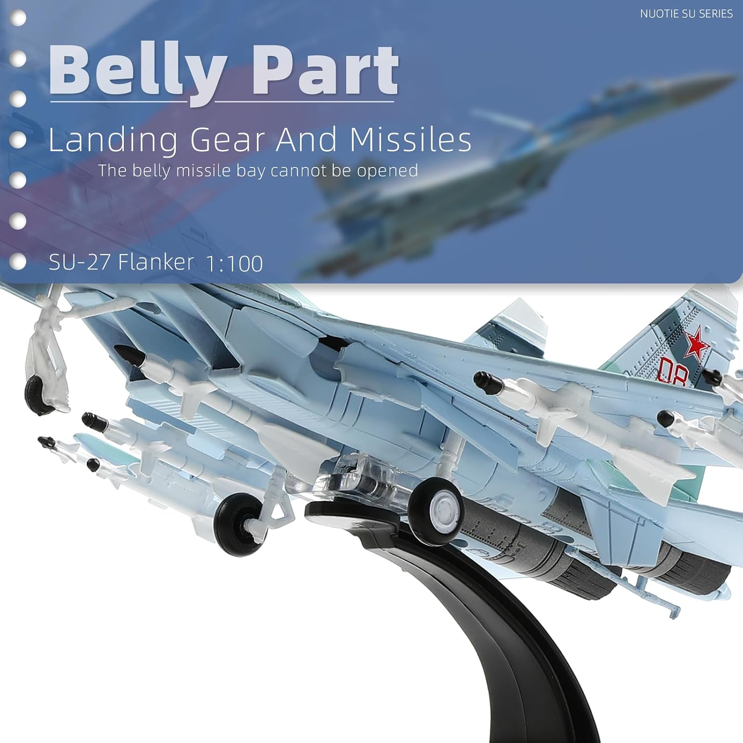 NUOTIE Sukhoi su-27 Flanker 1/100 Diecast Metal Aircraft Model Kit Soviet Union Military Fighter Alloy Pre-Build Airplane Model with Display Stand for Adults Collections or Gift