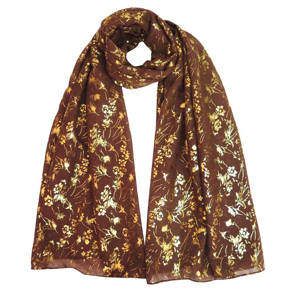 Lina & LilyGold Glitter Floral Pattern Foil Scarf Shawl Hijab Lightweight