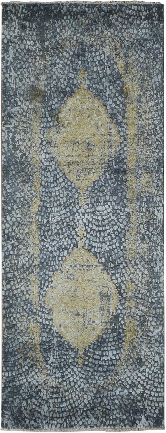 Hand Knotted Oriental Runner Rug, Charcoal Gray with Gold Design, Wool and Pure Silk, 3'x8' Wide Runner