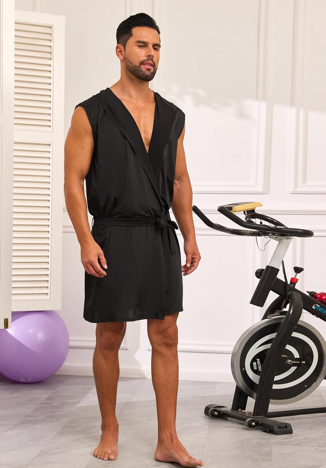 VintageClothing Men's Summer Robe with Hooded Lightweight Bathrobe House Kimono Sleeveless Sexy Sleepwear Pajamas - Image 5