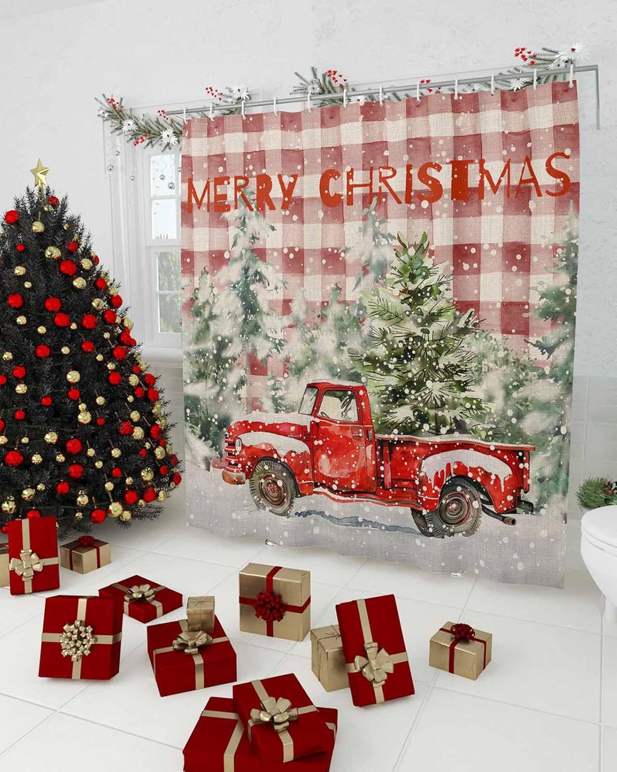 Christmas Truck Shower Curtain Set with Hook 66"x72",Snowy Pine Tree Xmas Buffalo Plaid Red Washable Cloth Polyester Fabric Shower+Curtain,Waterproof Bath Curtains for Bathroom,Showers,Bathtubs Decor