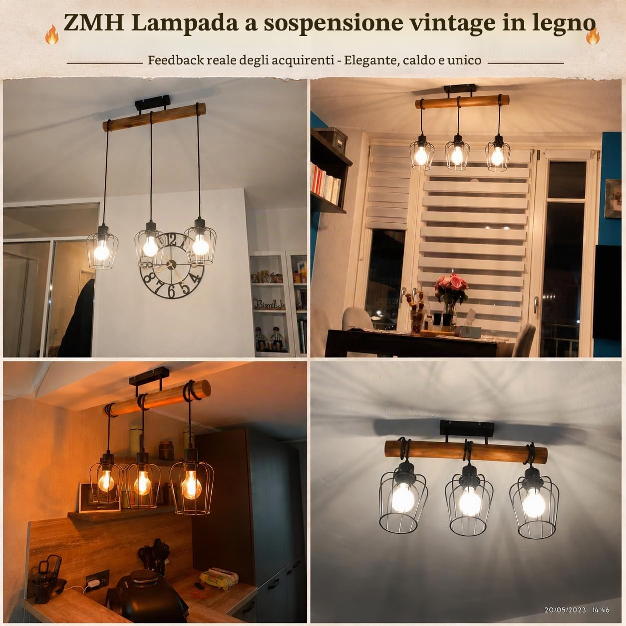 ZMH Plafoniera vintage Lampada da soffitto camera - Nero plafoniera | soffitto in legno e metallo con 3 luci retro portalampada E27 altezza regolabile design industriale illuminazione per interni