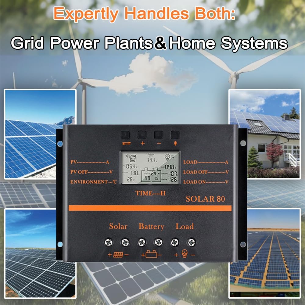 Solar Controller 80A 12V / 24V Battery Charge Regulator Auto 960W / 1920W with LCD Display Mobile Power Supply Charger 5V USB Enhanced Heat Sink (80A)