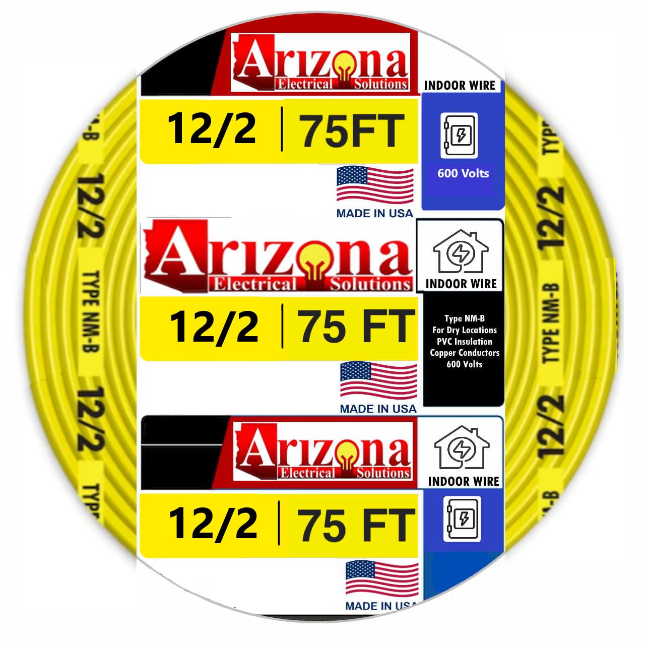 75 FT 12/2 Type NM-B Copper. #12 AWG, 2 Conductors with Ground. Insulated Jacket Yellow
