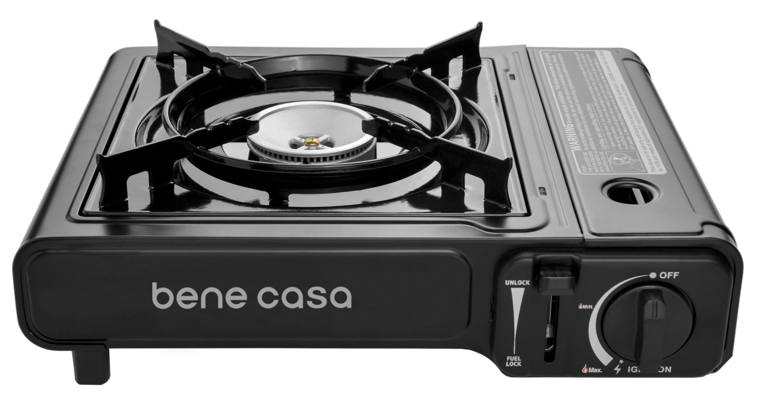 Bene Casa Portable Butane Burner 7,650 BTU | Safe & Efficient Cooking with Wind Guard & Safety Lock | Includes Portable Carrying Case