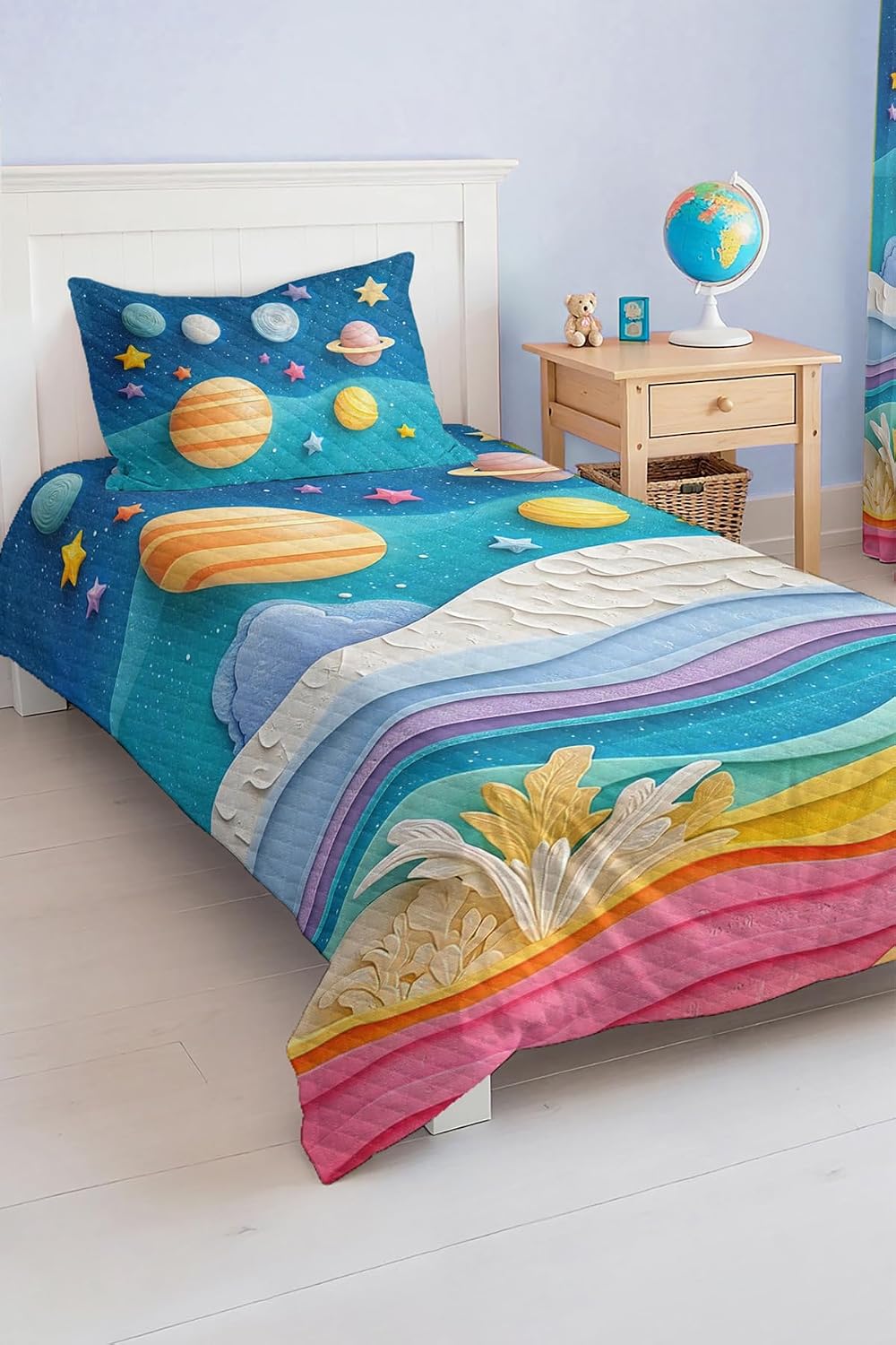 SODEF Quilt Set Twin Size Stars and Planets Pattern Colorful Kids Room Bedding Coverlet Lightweight Breathable Cotton Polyester Blend 2 Piece Set - Blue, One Size