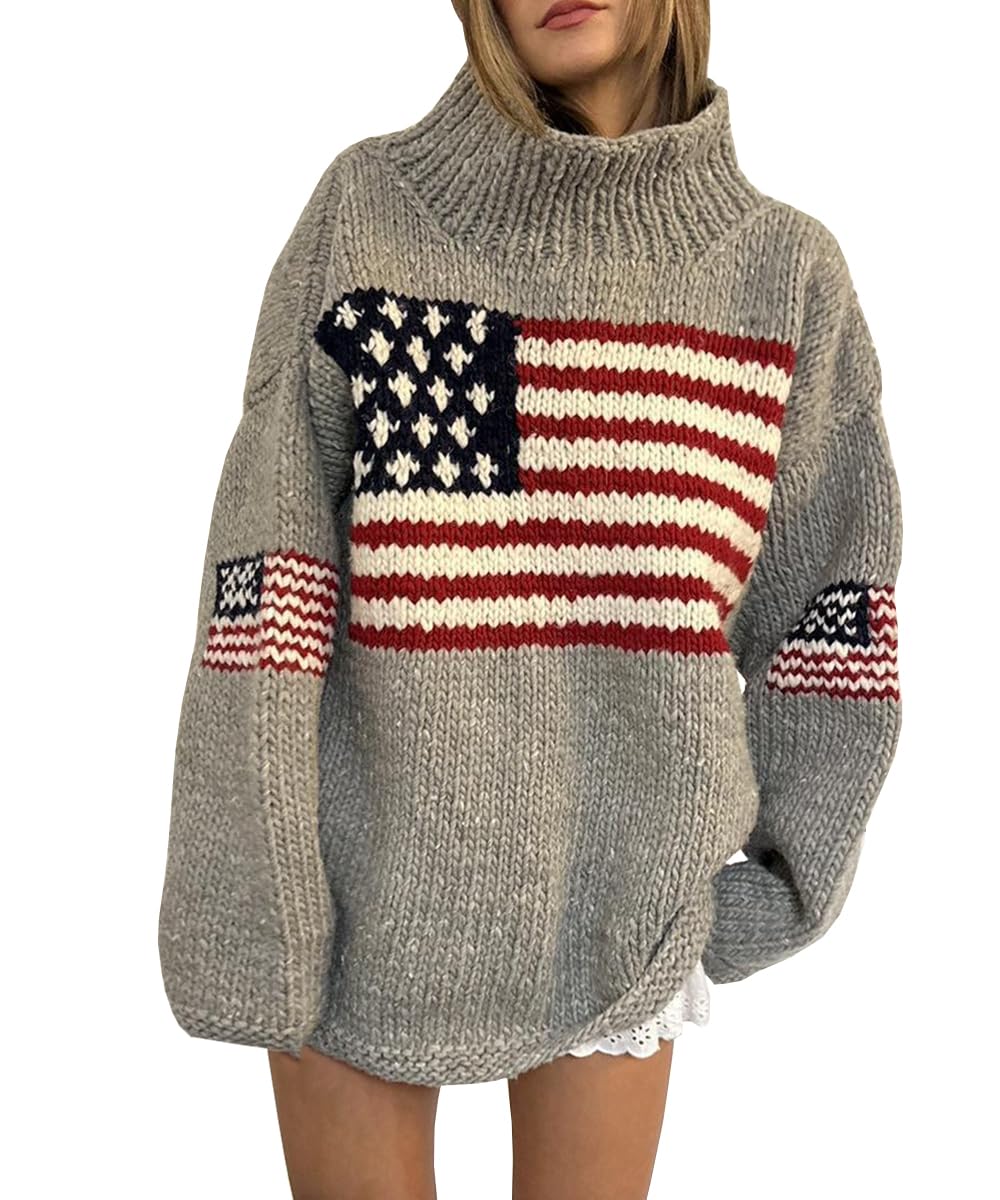 Womens Oversized American Flag Sweater Long Sleeve Turtleneck Knit USA Sweaters Fall Chunky Warm Pullover Tops