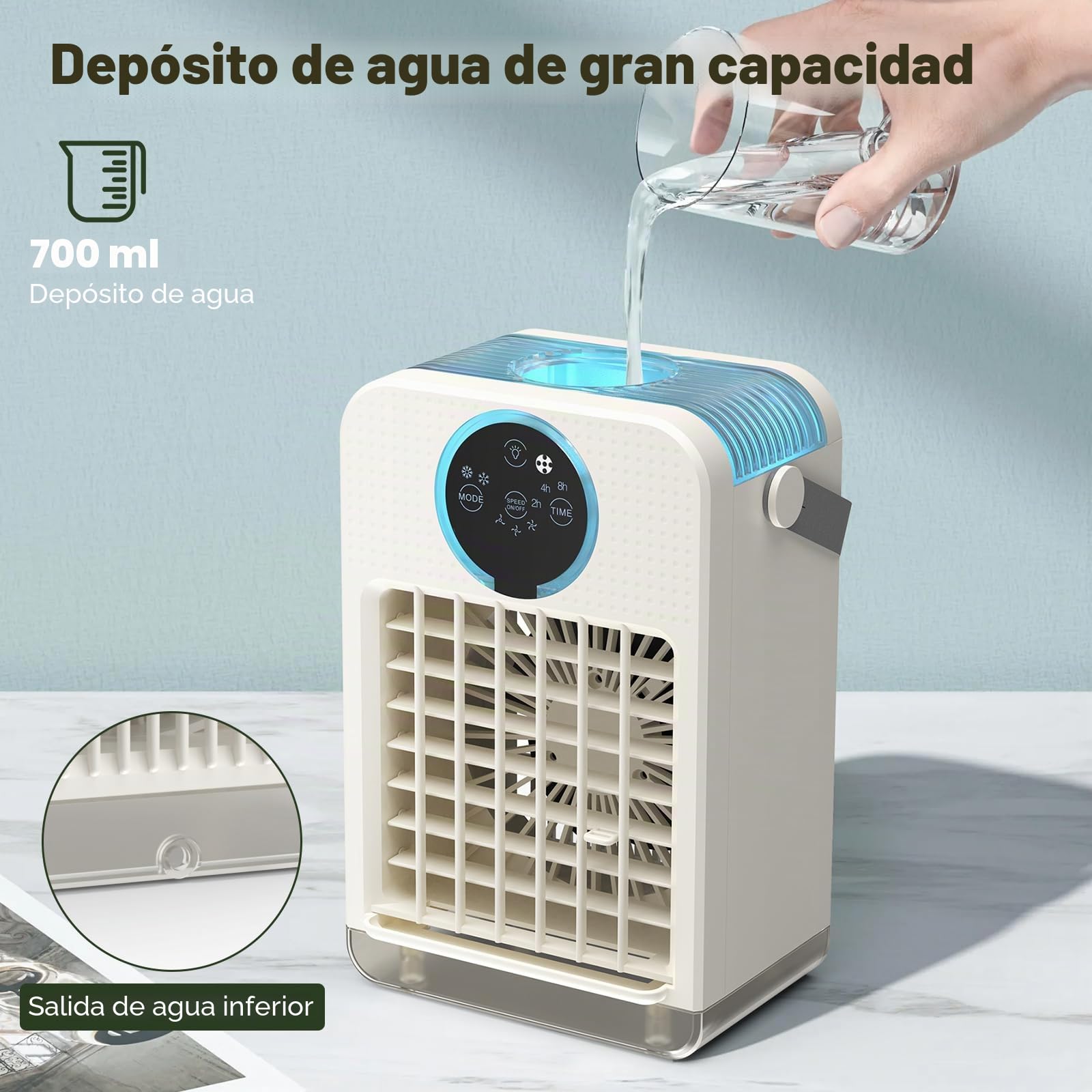 Aire Acondicionado Portátil con Control Remoto, Mini Enfriador de Aire con 2-8H Temporizador, 3 Velocidades de Ventilador, 2 Modos de Nebulización, 700ML Climatizador Evaporativo para Hogar