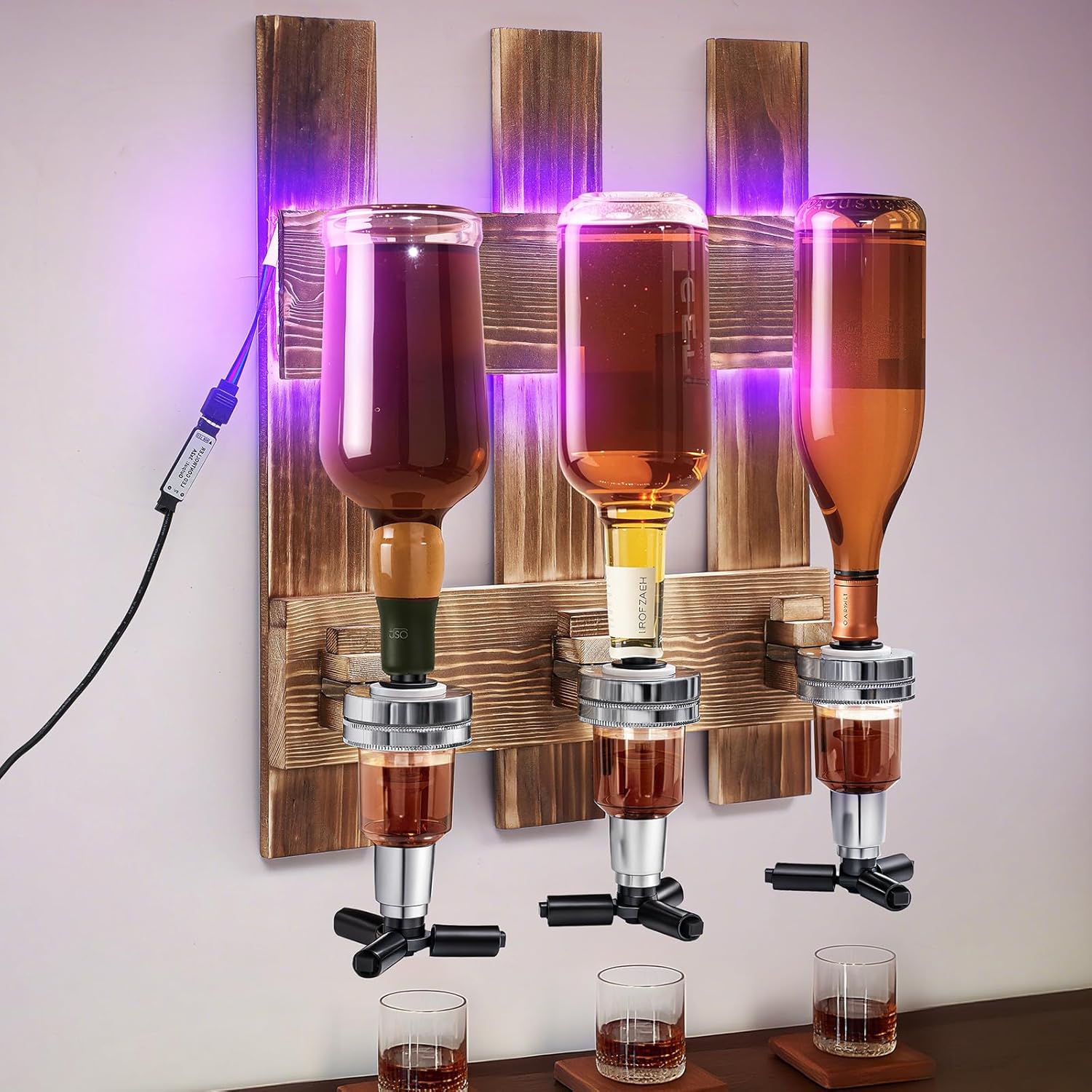Geelin 3-bottle Wall Mounted Liquor Dispenser LED Lighted Whiskey Dispenser, Wooden Wall Shelf Whiskey Cocktail Shot Measure Bracket Glass Drink Shelf for Home Bar Gift
