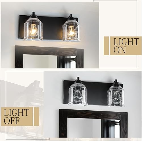 Miniatura 4 de BD005-2-MB - Lámpara de tocador de baño de granja grande de 15.8 pulgadas, luz negra con pantallas de vidrio de burbujas, 2 luces rústicas de pared