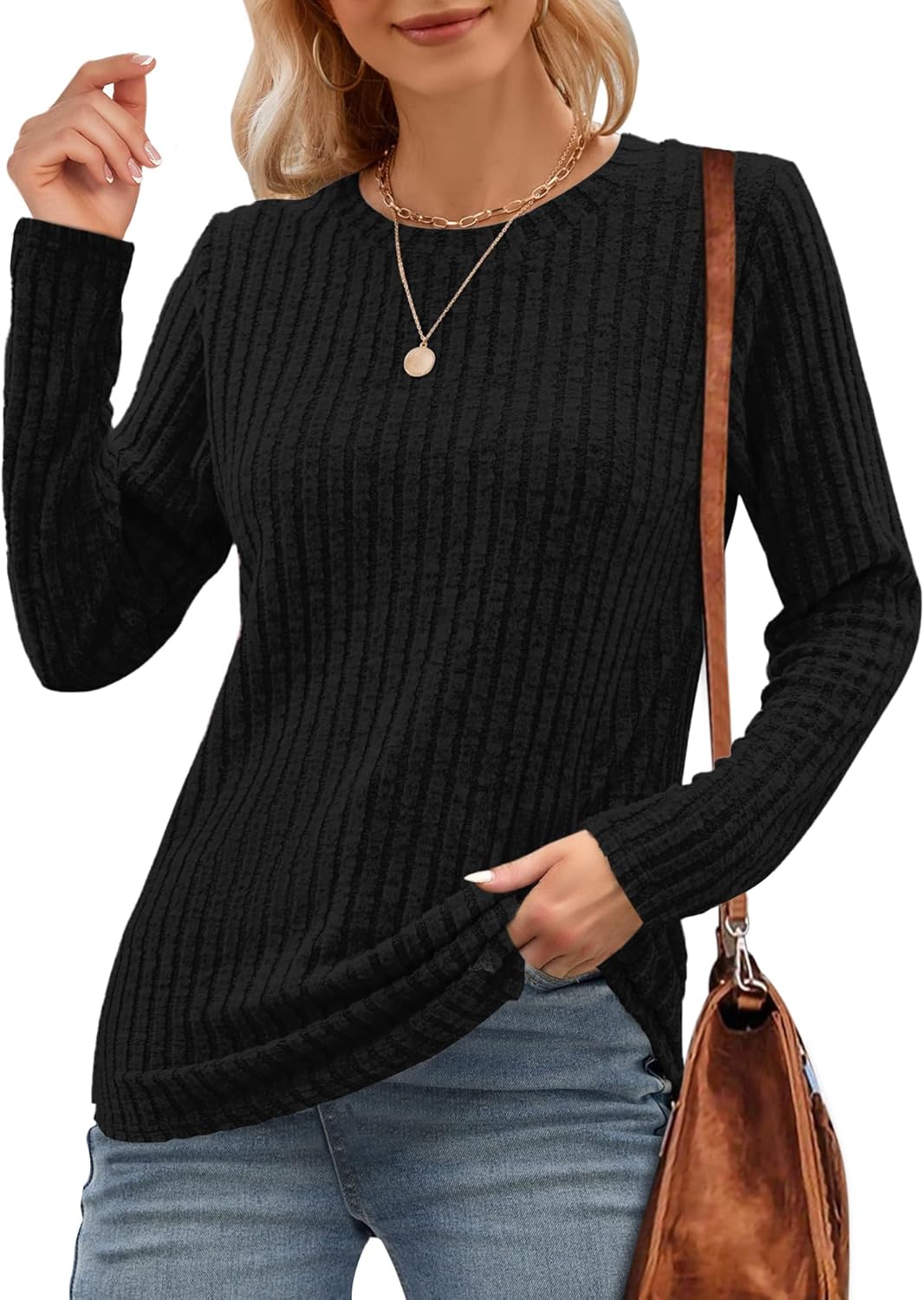 WNEEDU Long Sleeve Shirts for Women Round Neck Casual Lightweight Tunic Tops